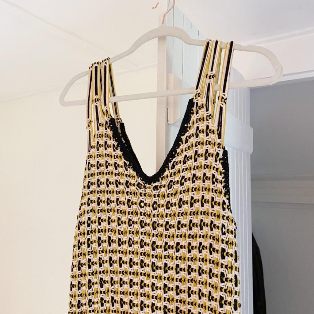 Edun Macrame Fringe Midi Dress in Black Multi NWT Size M