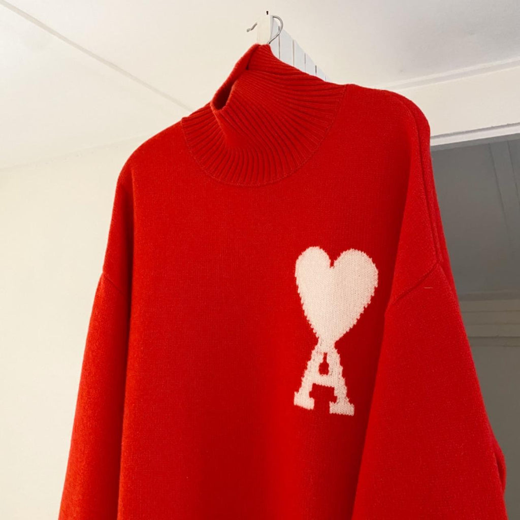 AMI Alexandre Mattiussi Ami De Coeur Wool Turtleneck Sweater in Red Mens Size M