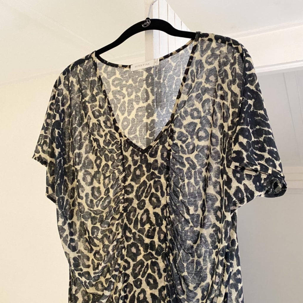 MinkPink Leopard Print Semi-Sheer Ruched Drape Top Size S