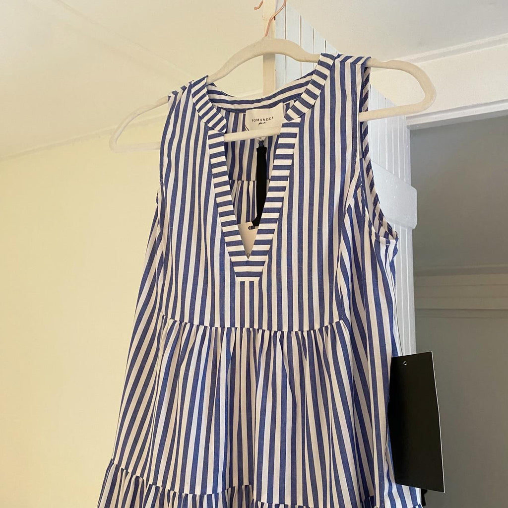 Pomander Place Kenzo Sleeveless Poplin Mini Dress in Blue & White Stripe NWT Size S