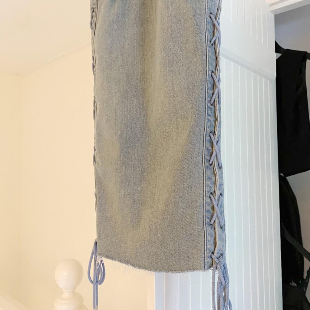 Grlfrnd Crystal Denim Lace Up Pencil Skirt in Beat Drop Size XS