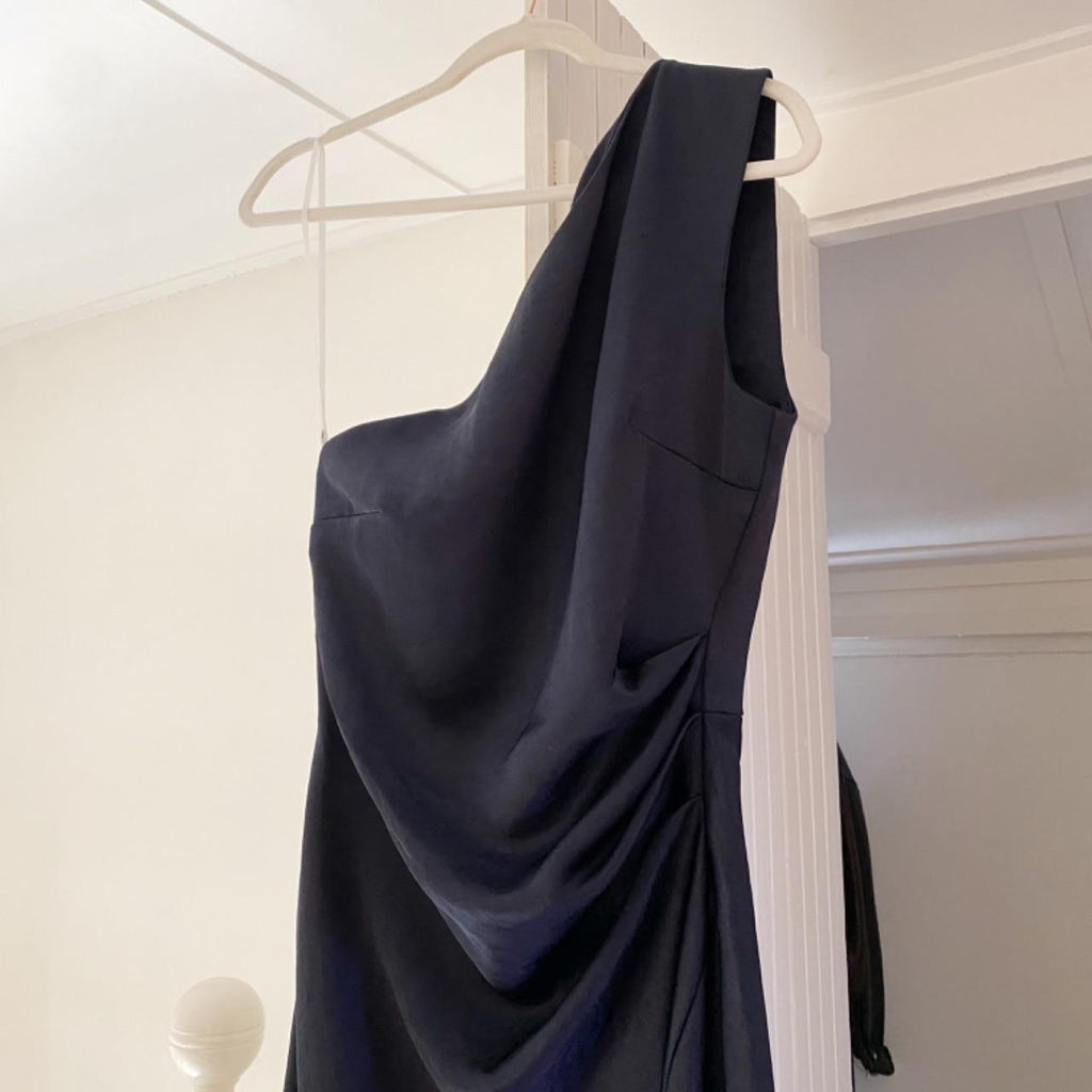 Bec + Bridge The Dreamer Satin Asymmetric One Shoulder Maxi Dress in Ink Size 12