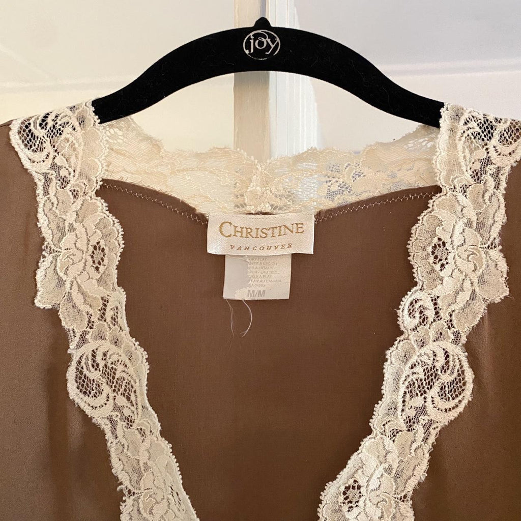 Christine Vancouver Vintage 90s Silk Satin Lace Trim Mini Slip Dress Size M