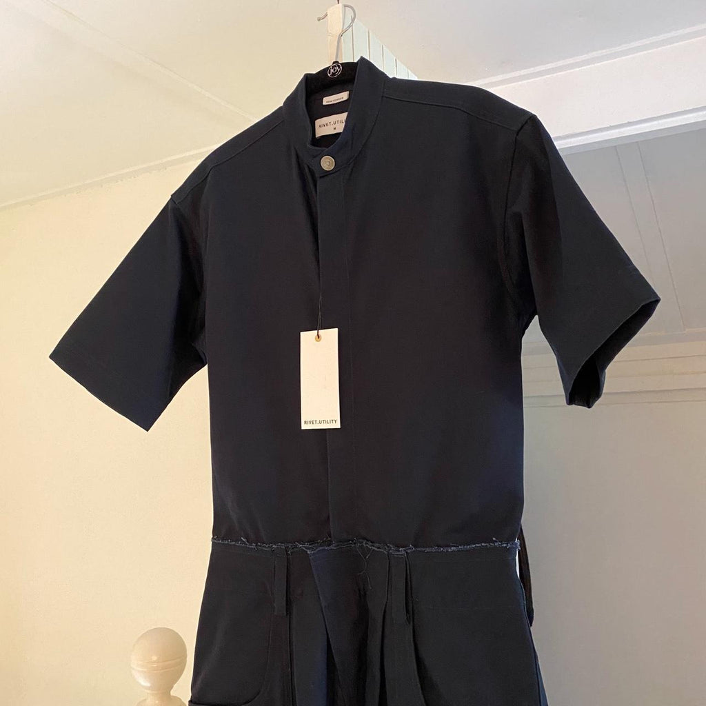 Rivet Utility New Yorker Canvas Mandarin Collar Jumpsuit in Navy NWT Size M