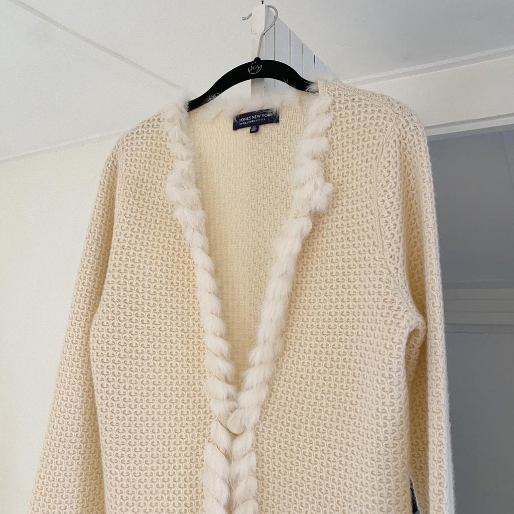 Jones New York Fur Trimmed Wool Cardigan Sweater Size PS