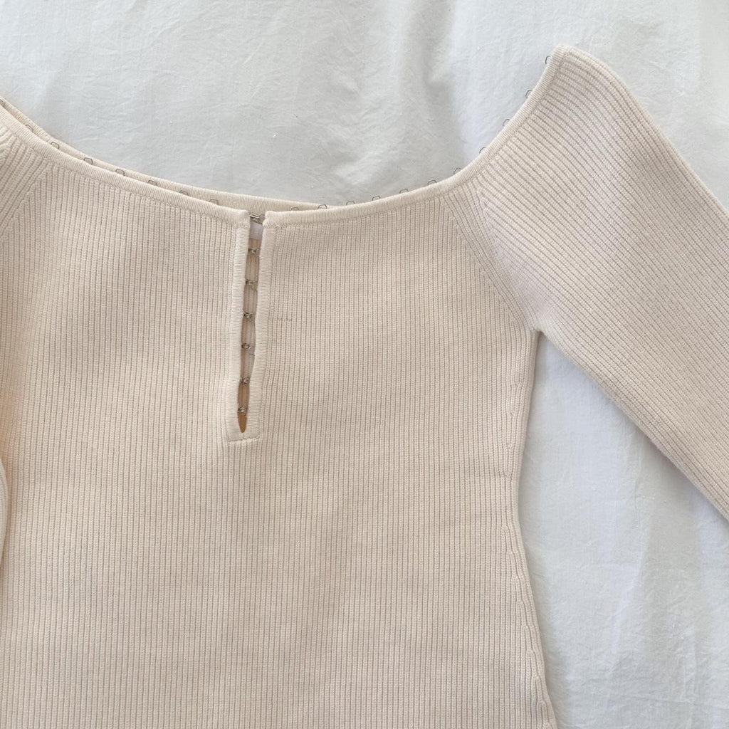 Helmut Lang Eyelet Hook Off Shoulder Knit Top in Winter White NWT Size M