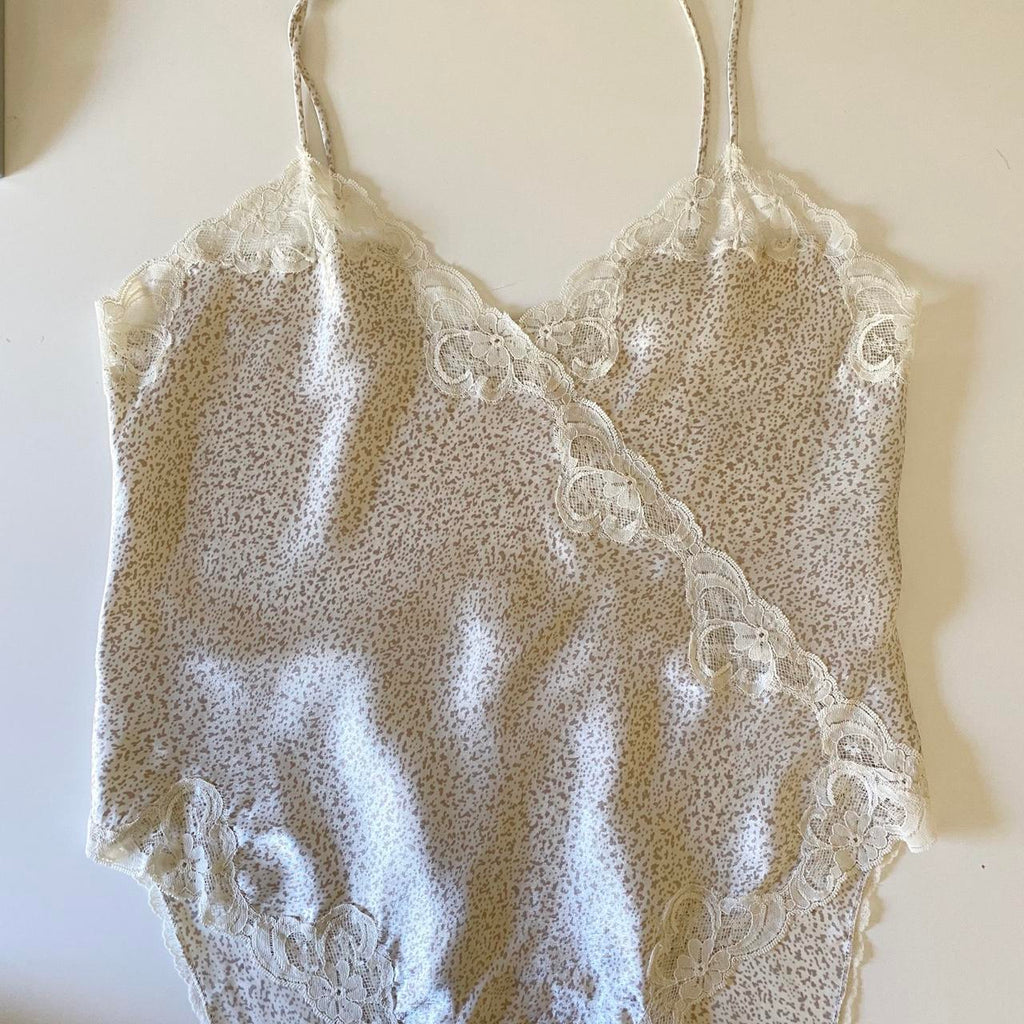 Vintage 80s Printed Satin Lace Trim Teddy Bodysuit Size M