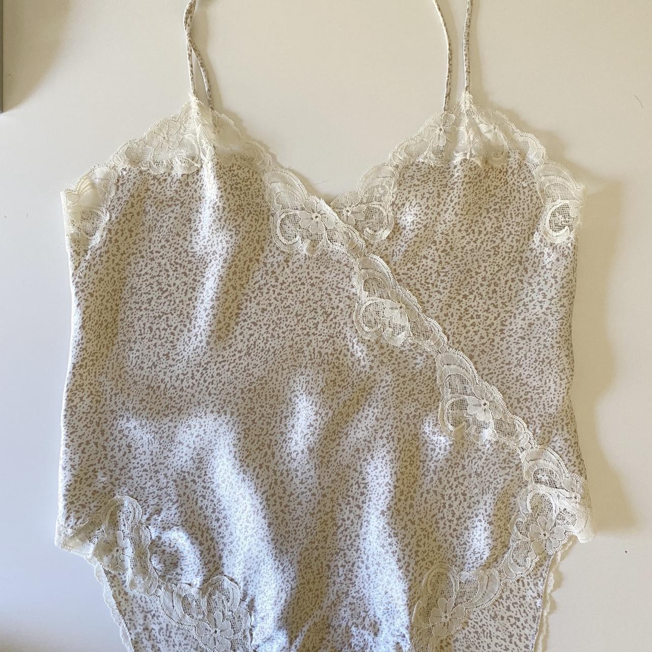 Vintage 80s Printed Satin Lace Trim Teddy Bodysuit Size M