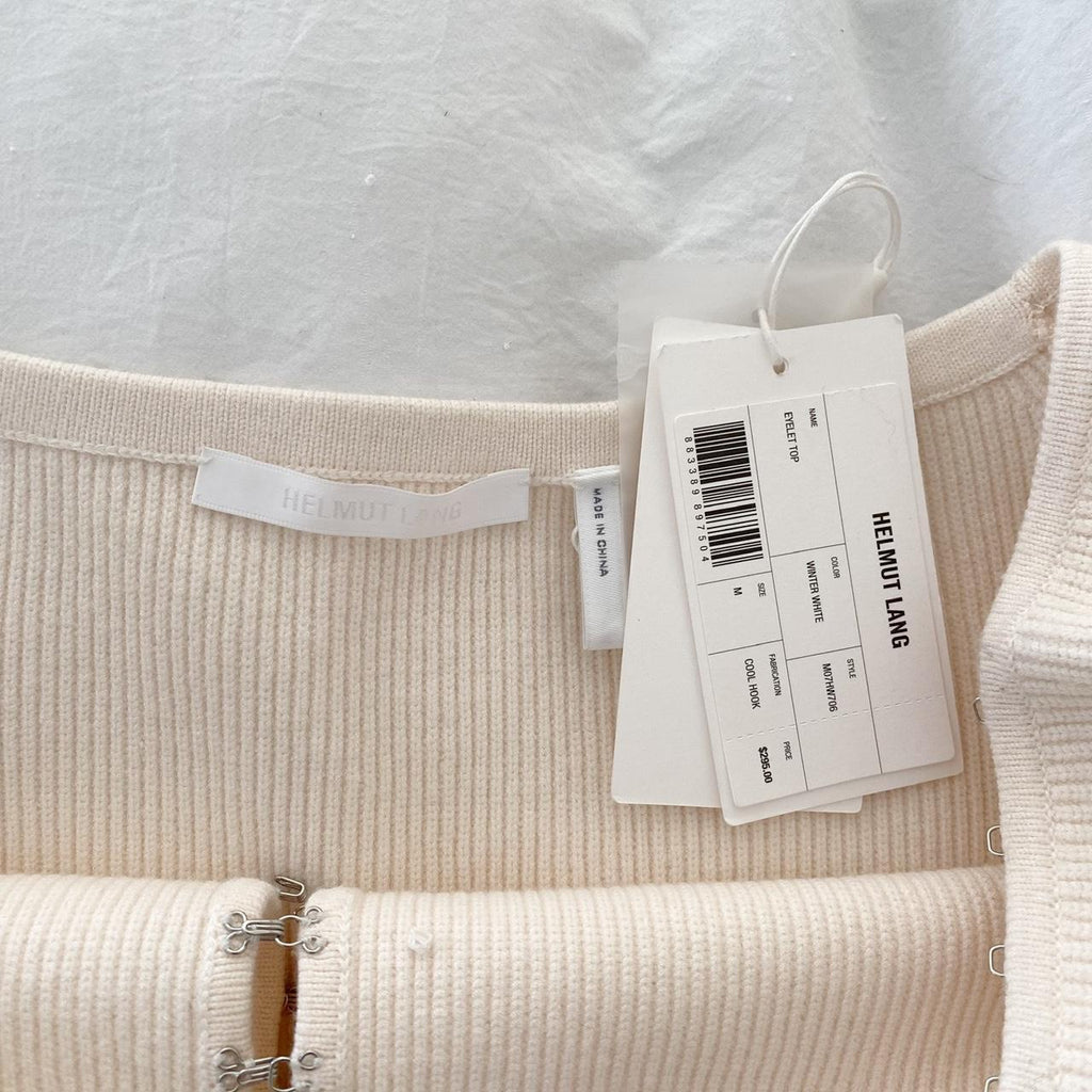 Helmut Lang Eyelet Hook Off Shoulder Knit Top in Winter White NWT Size M
