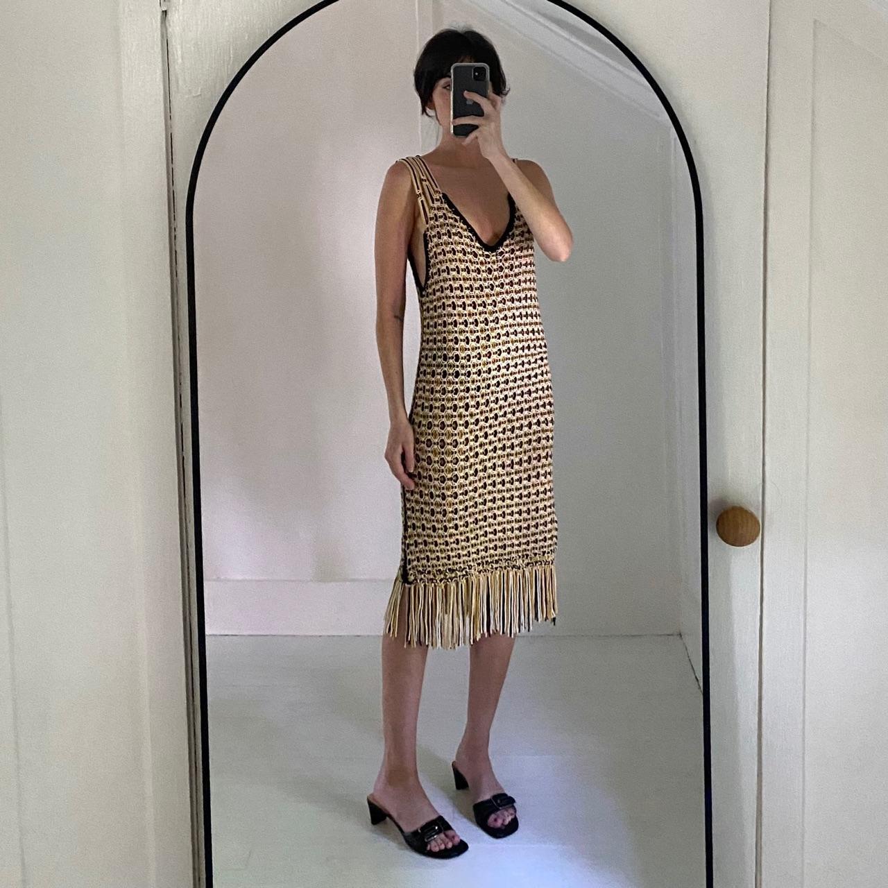 Edun Macrame Fringe Midi Dress in Black Multi NWT Size M