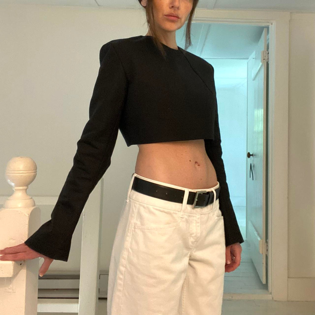 Tibi Sculpted Cotton Cropped Long Sleeve Top in Black NWT Size 6