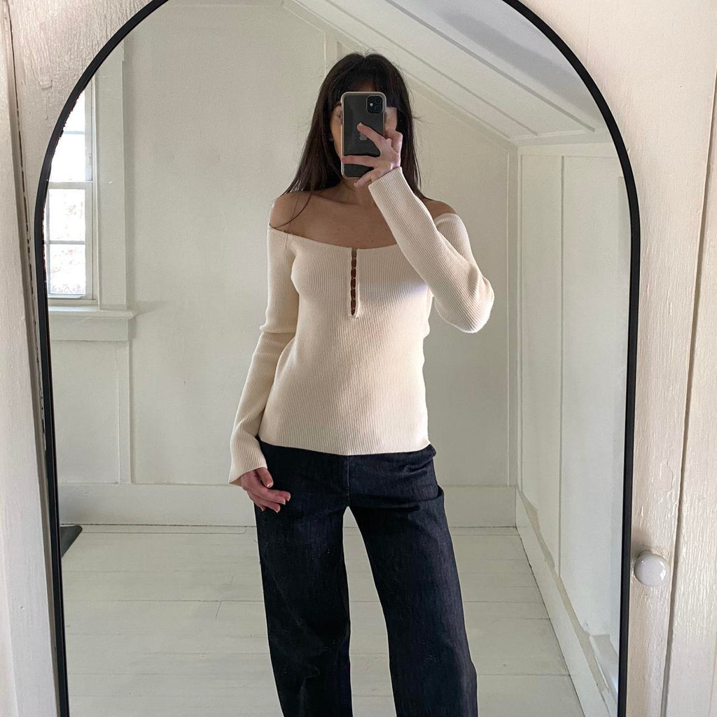 Helmut Lang Eyelet Hook Off Shoulder Knit Top in Winter White NWT Size M