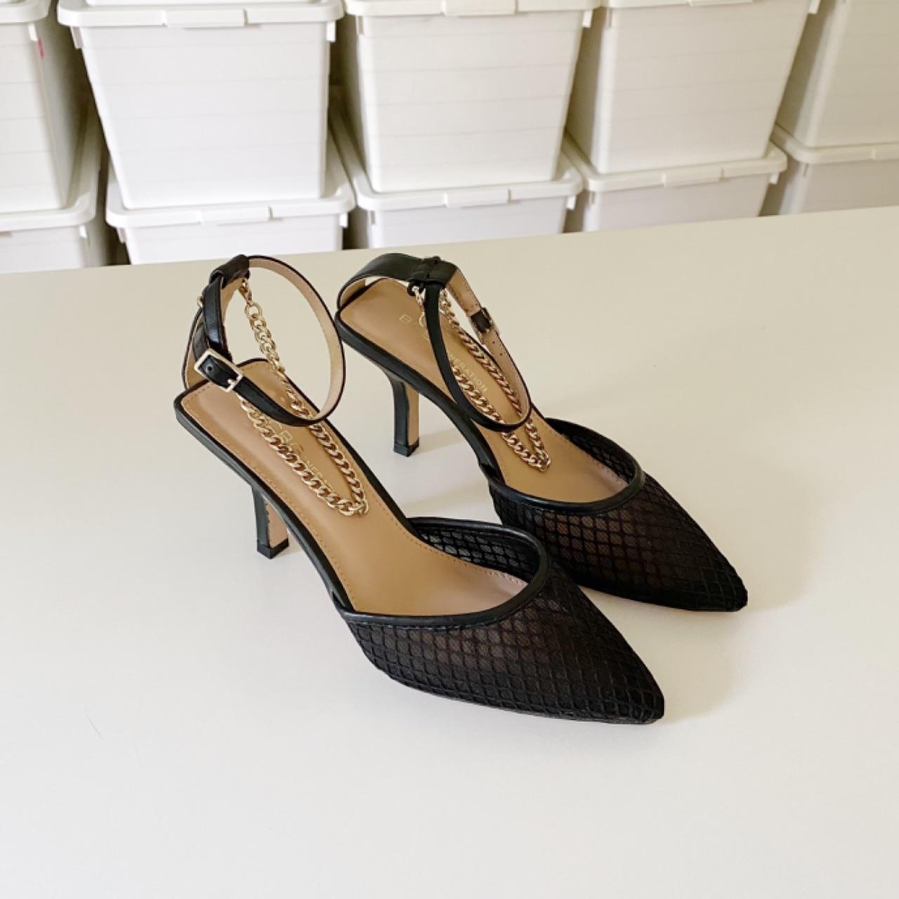 BCBGeneration Mayah Ankle Chain Sheer Mesh Heels Black Size 6
