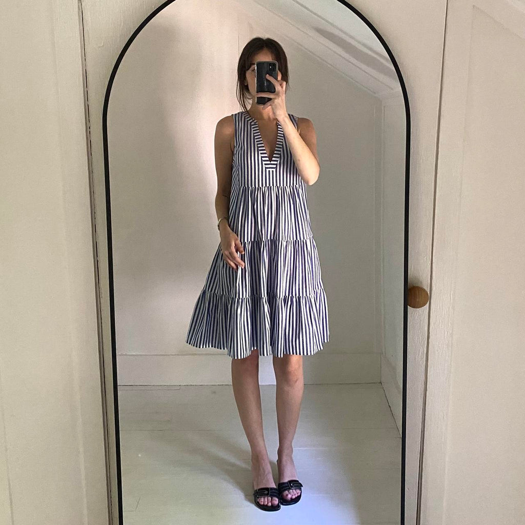 Pomander Place Kenzo Sleeveless Poplin Mini Dress in Blue & White Stripe NWT Size S