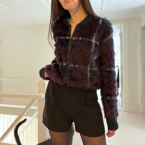 1. State Plaid Faux Fur Bomber Jacket in Lunar Navy Size XS