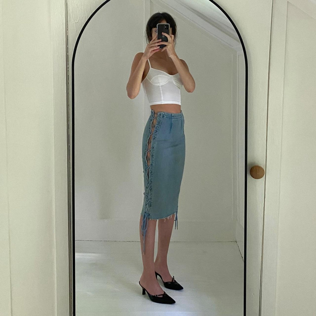 Grlfrnd Crystal Denim Lace Up Pencil Skirt in Beat Drop Size XS