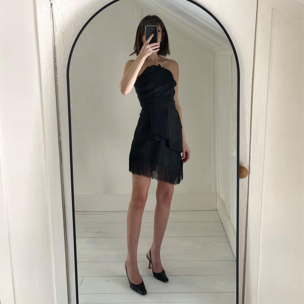 Alyn Paige Vintage Y2K Asymmetric Fringe Hem Strapless Mini Dress Size 5/6