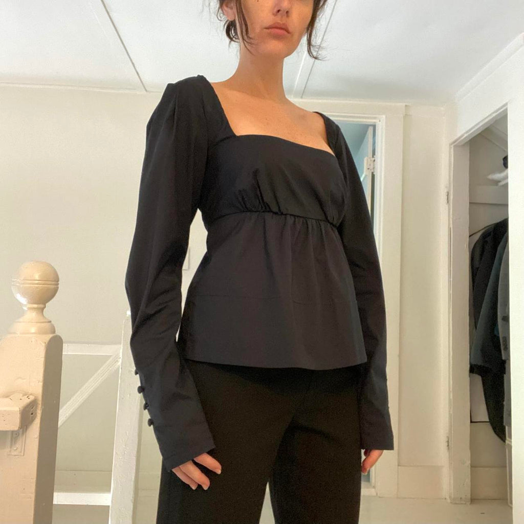 Staud Peggy Poplin Babydoll Top in Black Size M