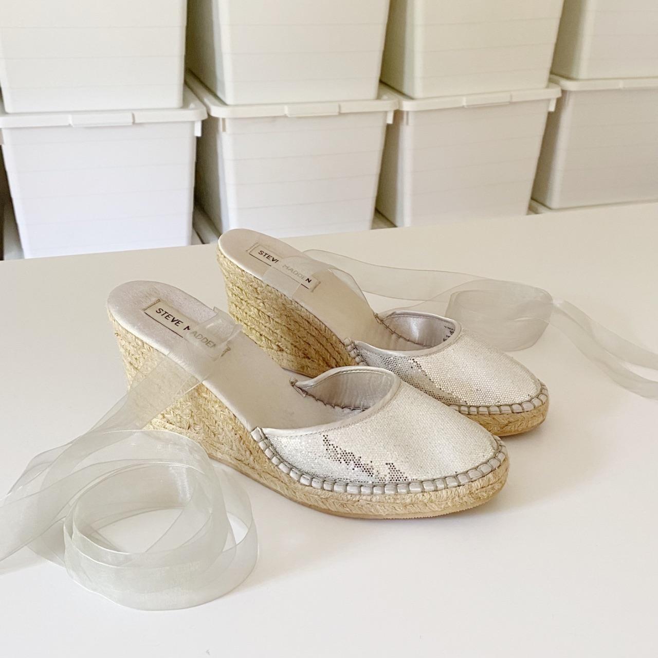 Steve Madden P-Boca Sequin Ribbon Wrap Espadrille Wedges Size 8