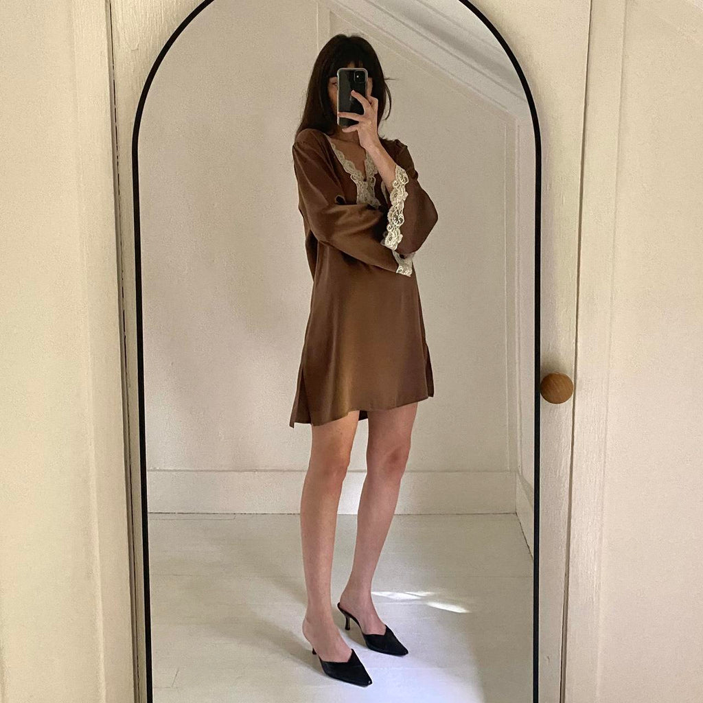 Christine Vancouver Vintage 90s Silk Satin Lace Trim Mini Slip Dress Size M