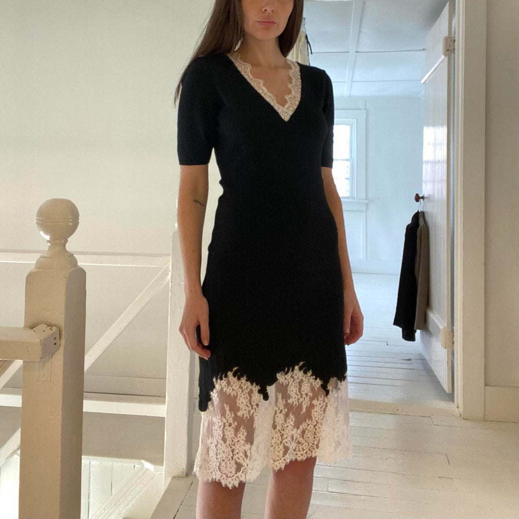 Ochirly Knit Sheer Lace Trim Midi Dress Size M