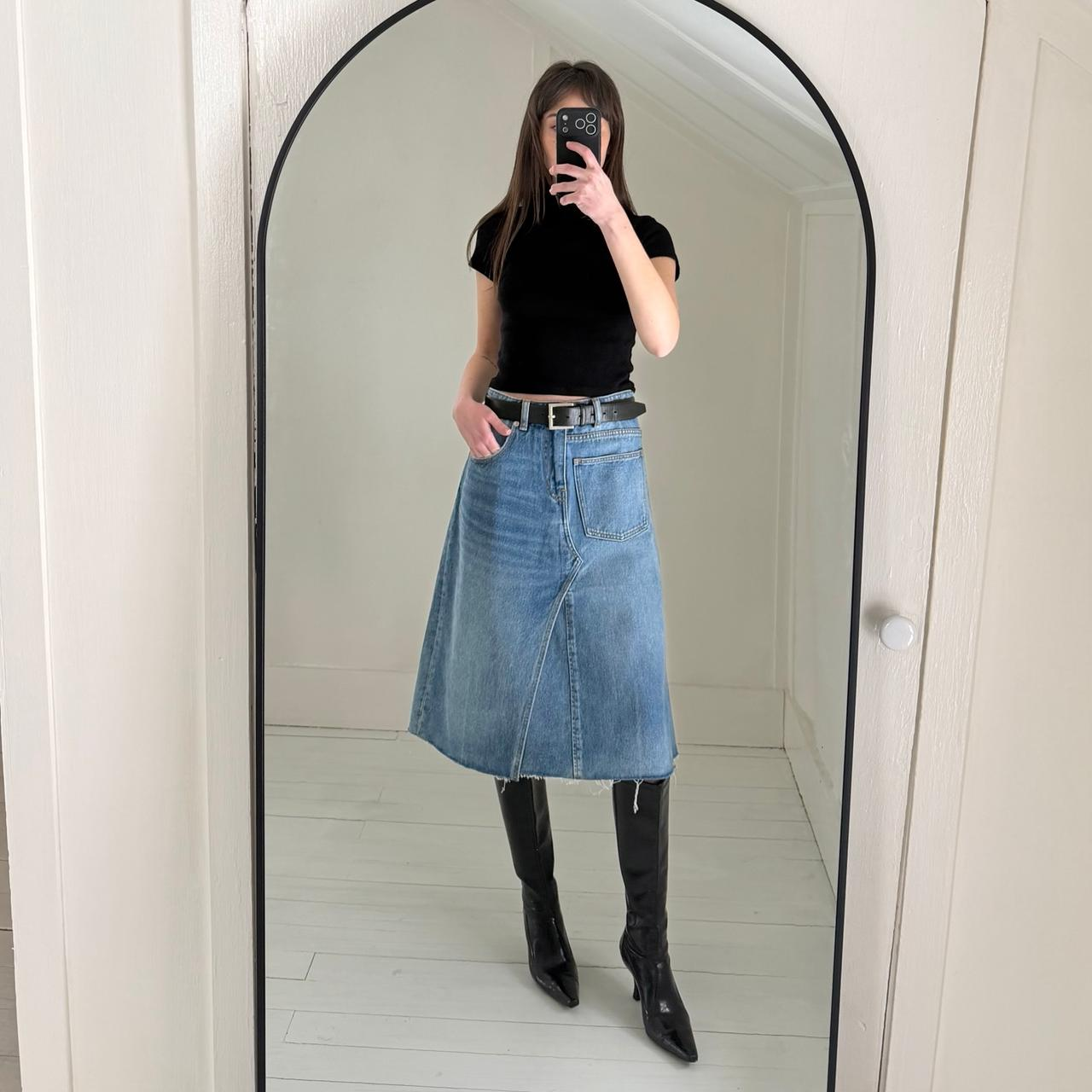 Tory Burch Deconstructed Denim Midi Skirt in Vintage Light Wash NWT Size 8