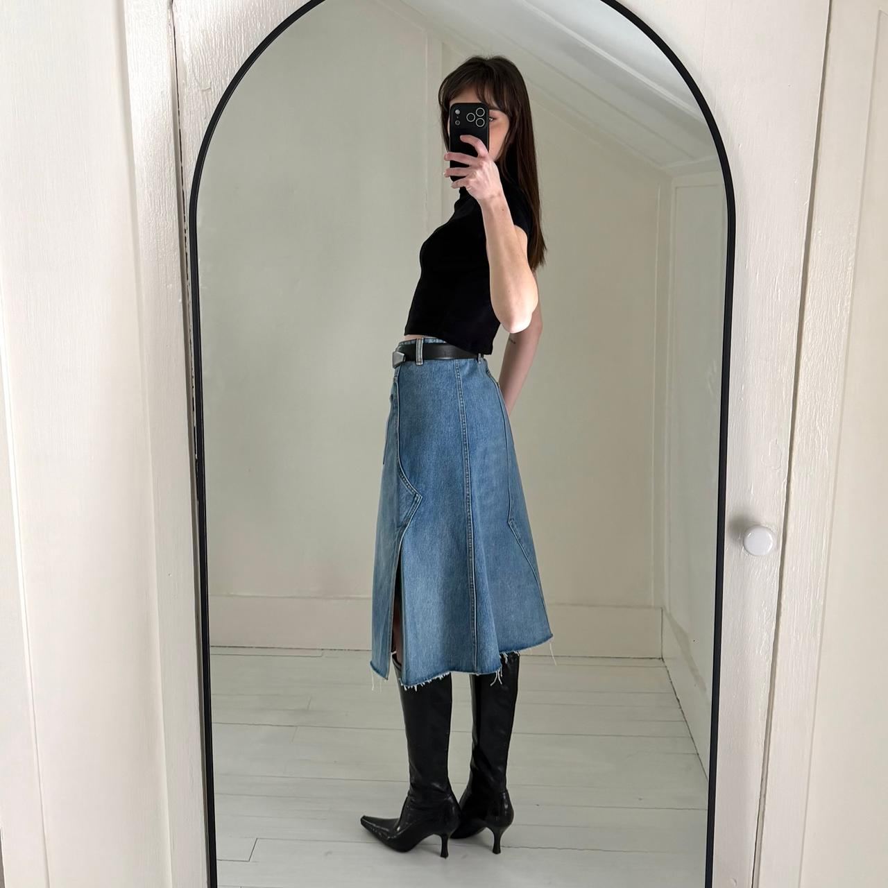 Tory Burch Deconstructed Denim Midi Skirt in Vintage Light Wash NWT Size 8