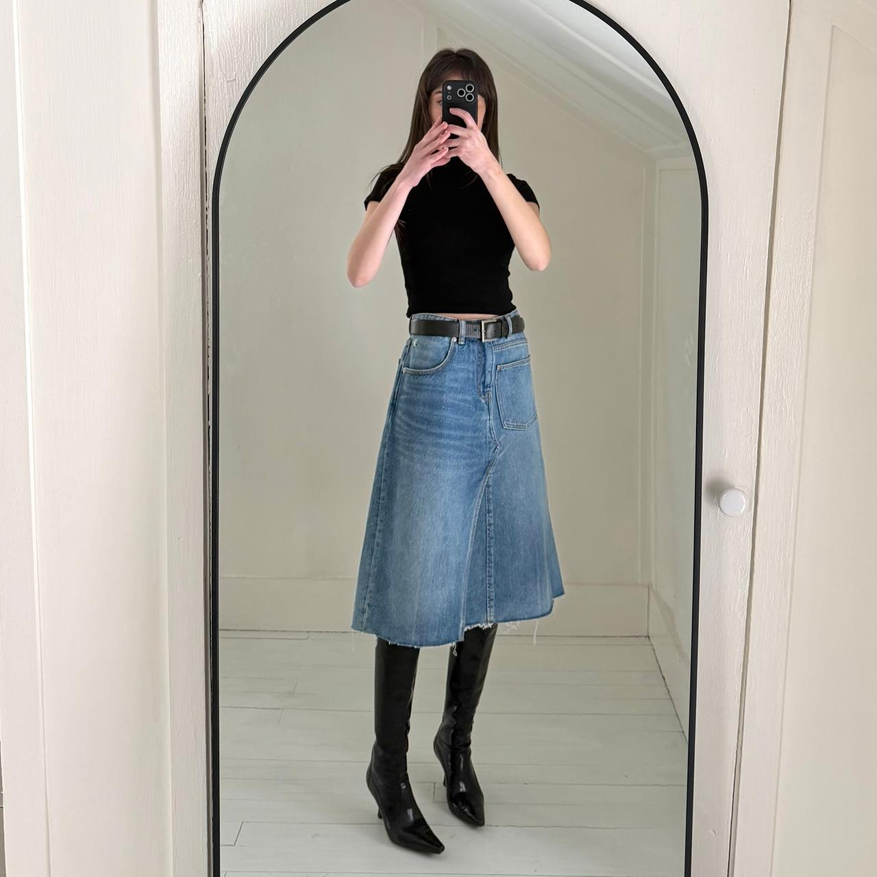 Tory Burch Deconstructed Denim Midi Skirt in Vintage Light Wash NWT Size 8