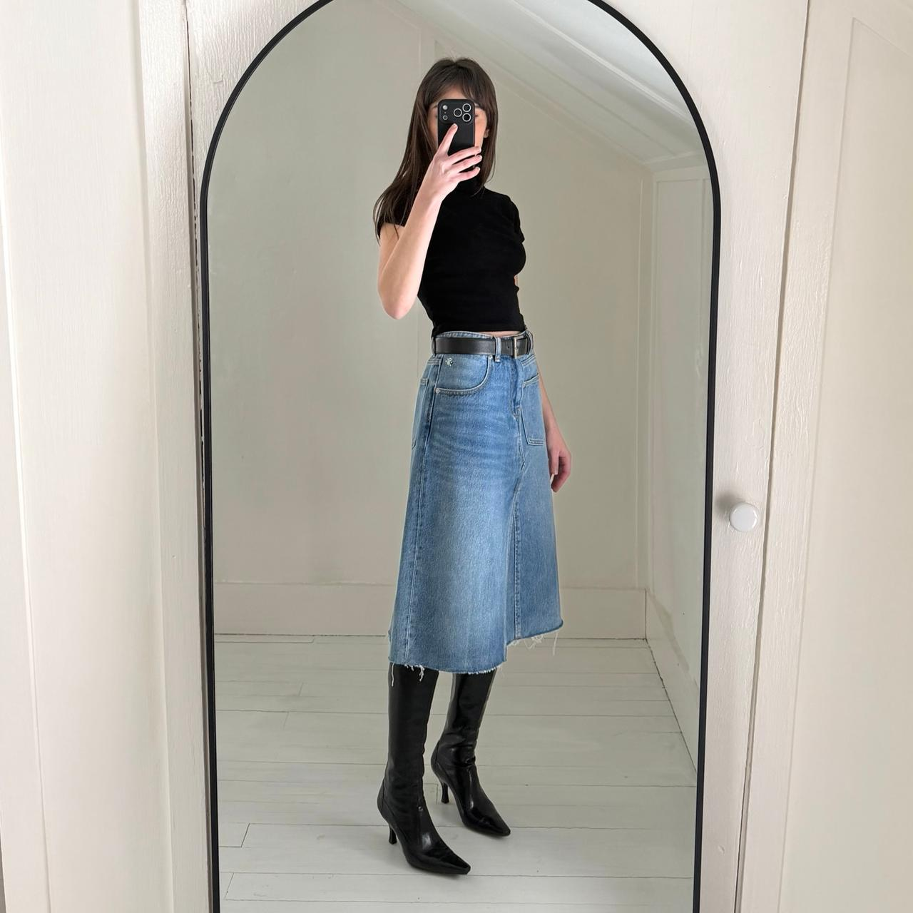 Tory Burch Deconstructed Denim Midi Skirt in Vintage Light Wash NWT Size 8