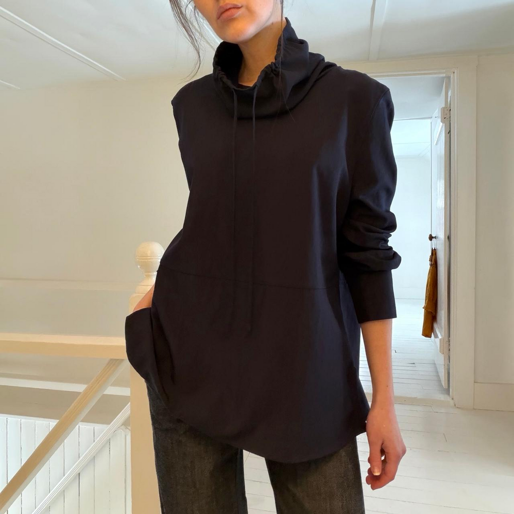 COS Drawstring Funnel-Neck Blouse in Navy NWT Size 6