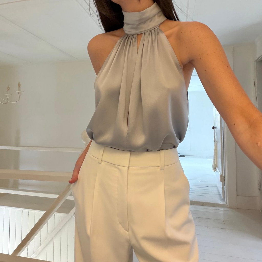 Fleur Du Mal Silk Satin Turtleneck Keyhole Draped Bodysuit in Silver Size M
