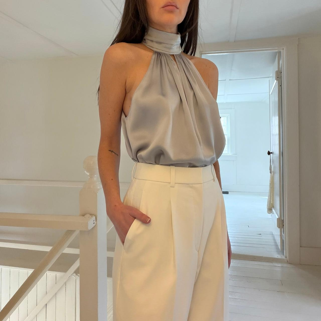 Fleur Du Mal Silk Satin Turtleneck Keyhole Draped Bodysuit in Silver Size M