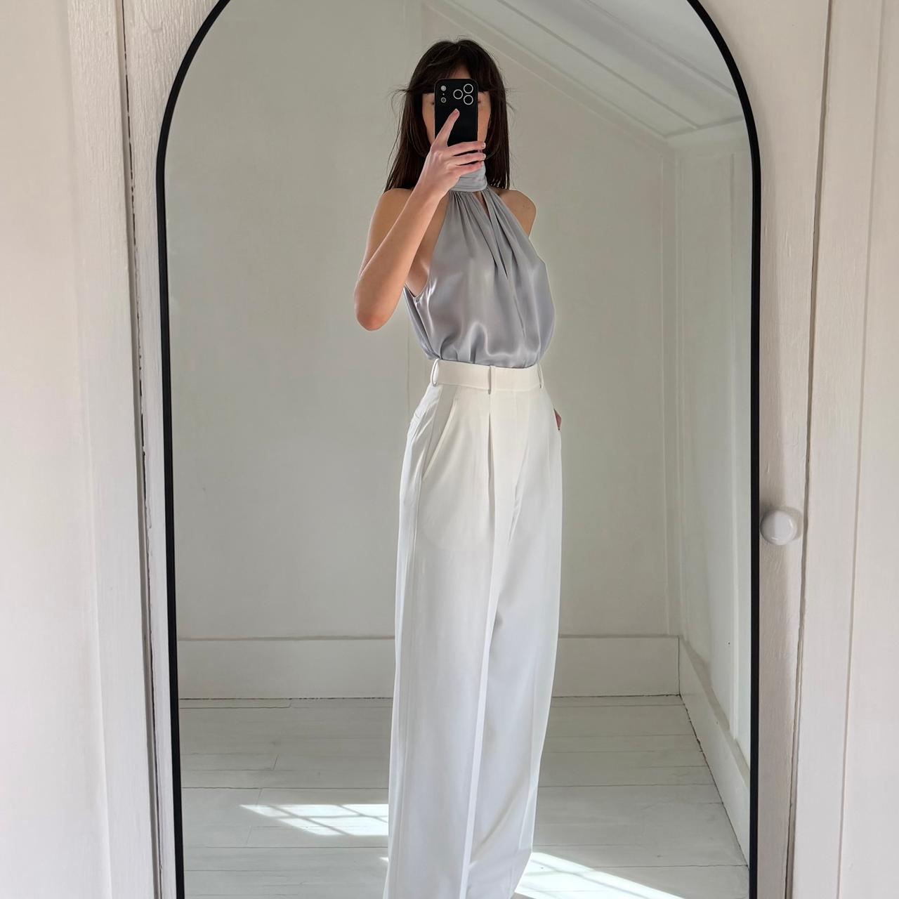 Fleur Du Mal Silk Satin Turtleneck Keyhole Draped Bodysuit in Silver Size M