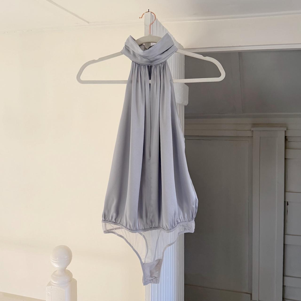 Fleur Du Mal Silk Satin Turtleneck Keyhole Draped Bodysuit in Silver Size M