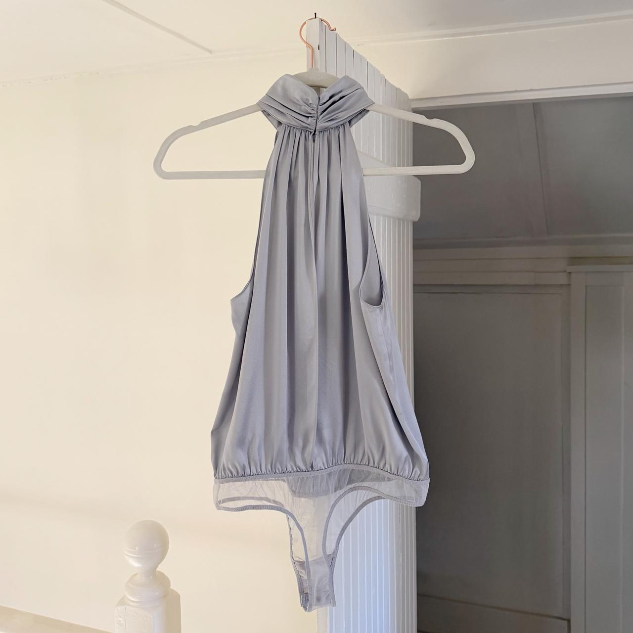 Fleur Du Mal Silk Satin Turtleneck Keyhole Draped Bodysuit in Silver Size M