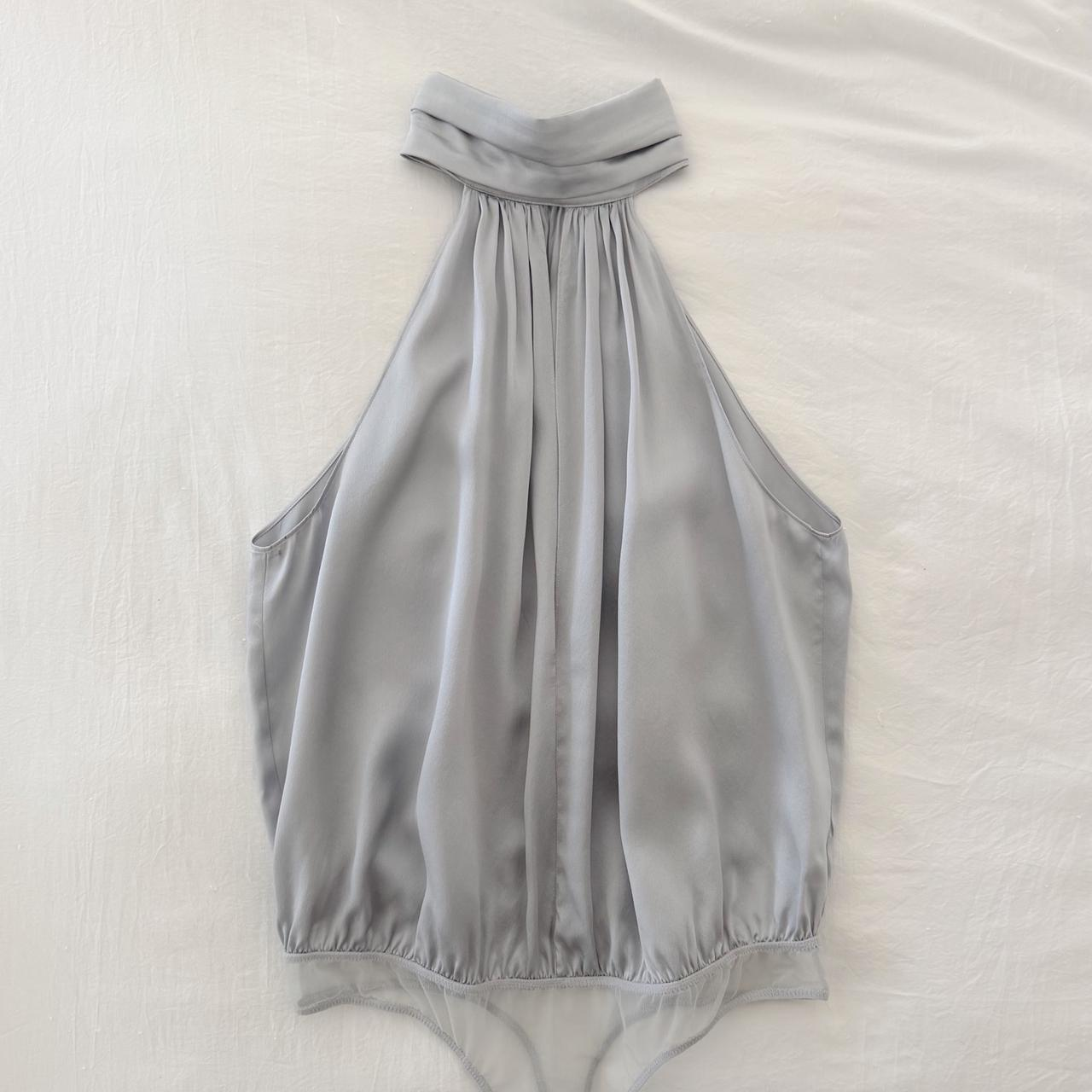 Fleur Du Mal Silk Satin Turtleneck Keyhole Draped Bodysuit in Silver Size M