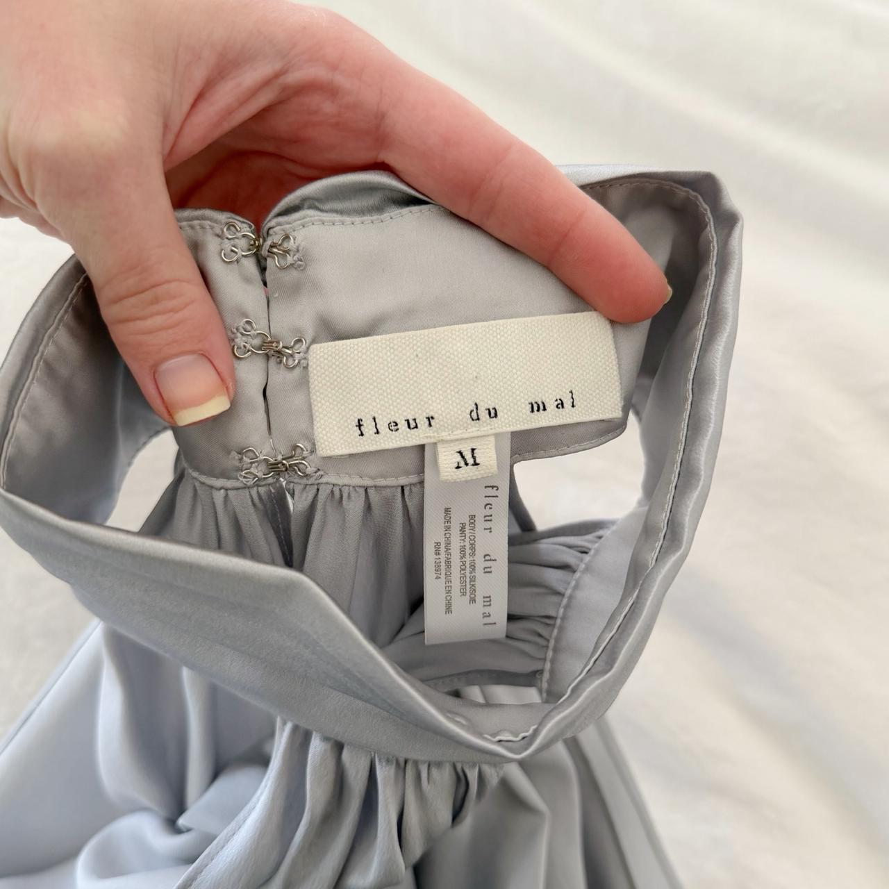 Fleur Du Mal Silk Satin Turtleneck Keyhole Draped Bodysuit in Silver Size M