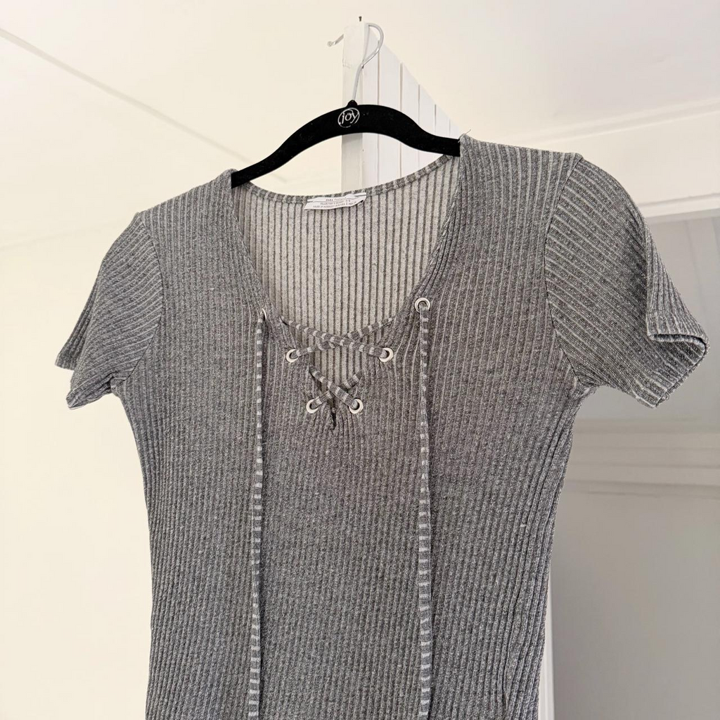 Zara Ribbed Knit Lace Up V Neck Top Size S