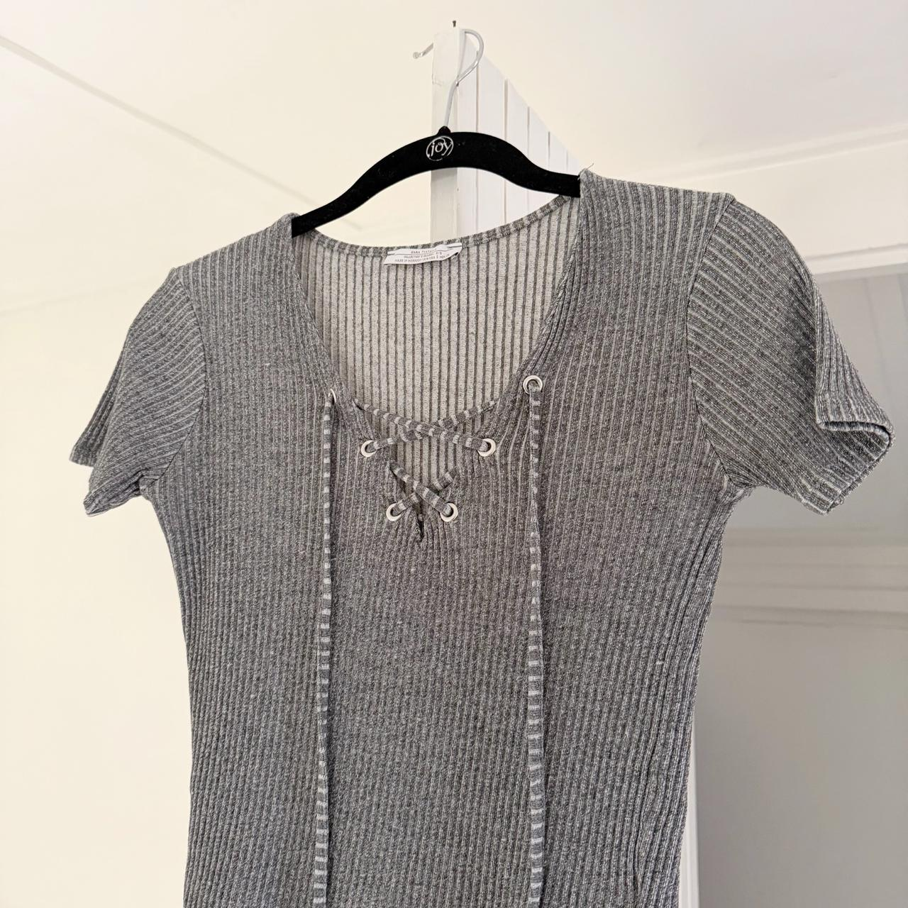 Zara Ribbed Knit Lace Up V Neck Top Size S