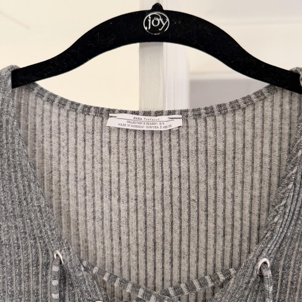 Zara Ribbed Knit Lace Up V Neck Top Size S