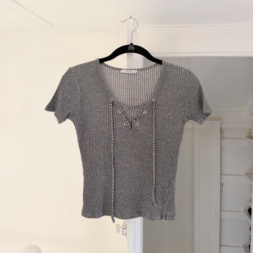 Zara Ribbed Knit Lace Up V Neck Top Size S