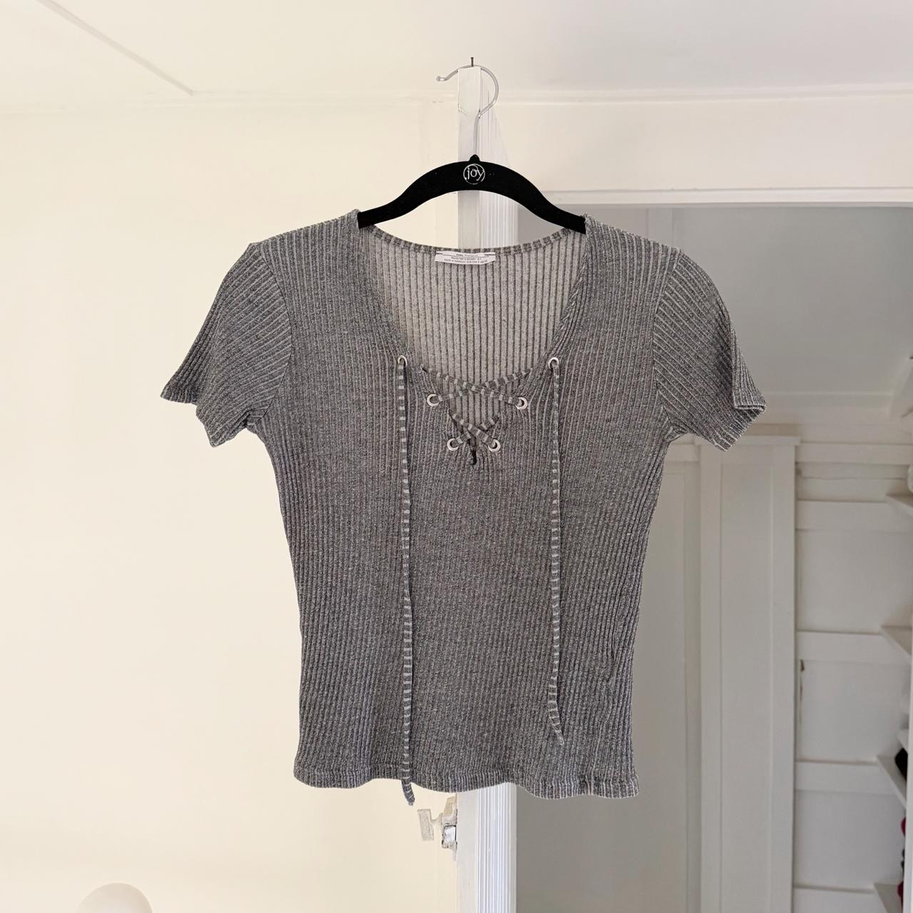 Zara Ribbed Knit Lace Up V Neck Top Size S