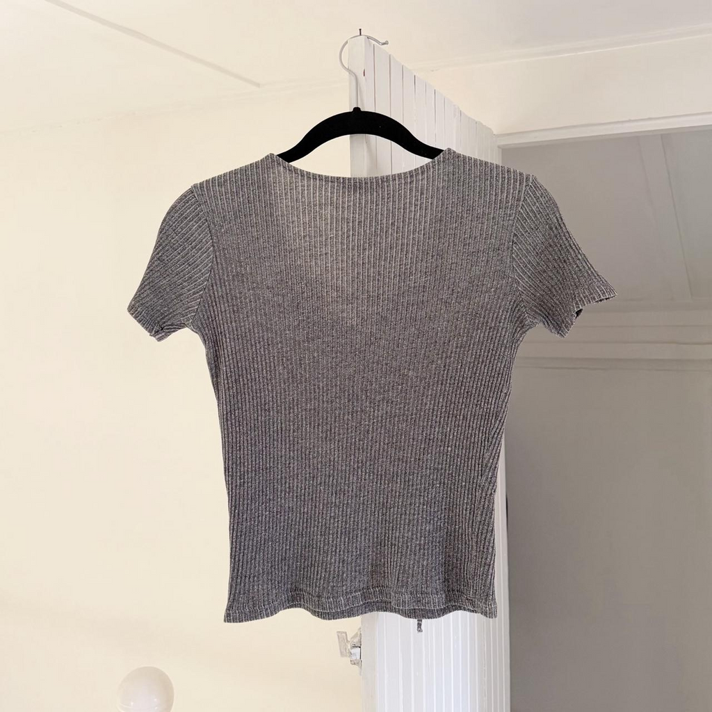 Zara Ribbed Knit Lace Up V Neck Top Size S
