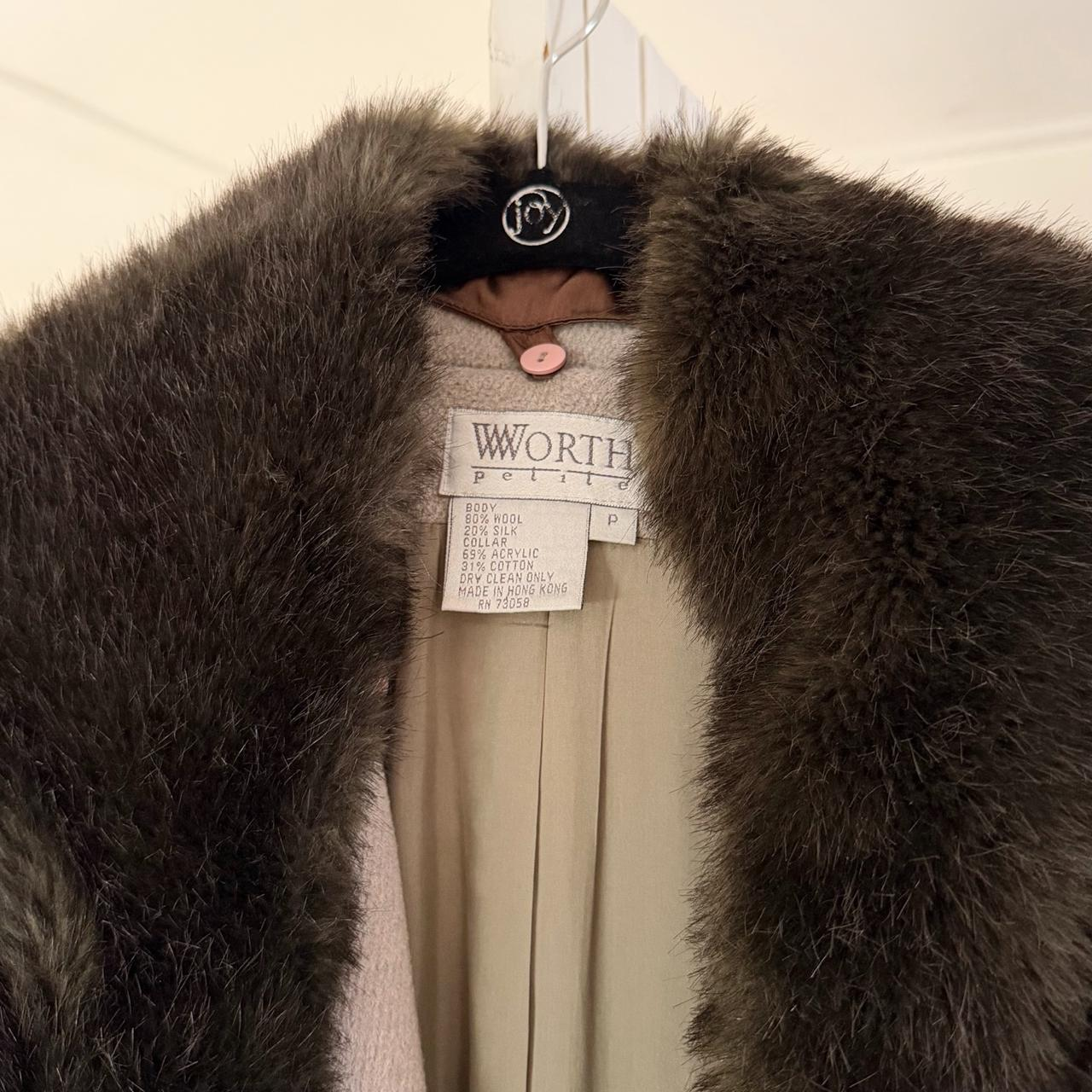 Worth Vintage 90s Wool Silk Faux Fur Collar Long Coat Size P