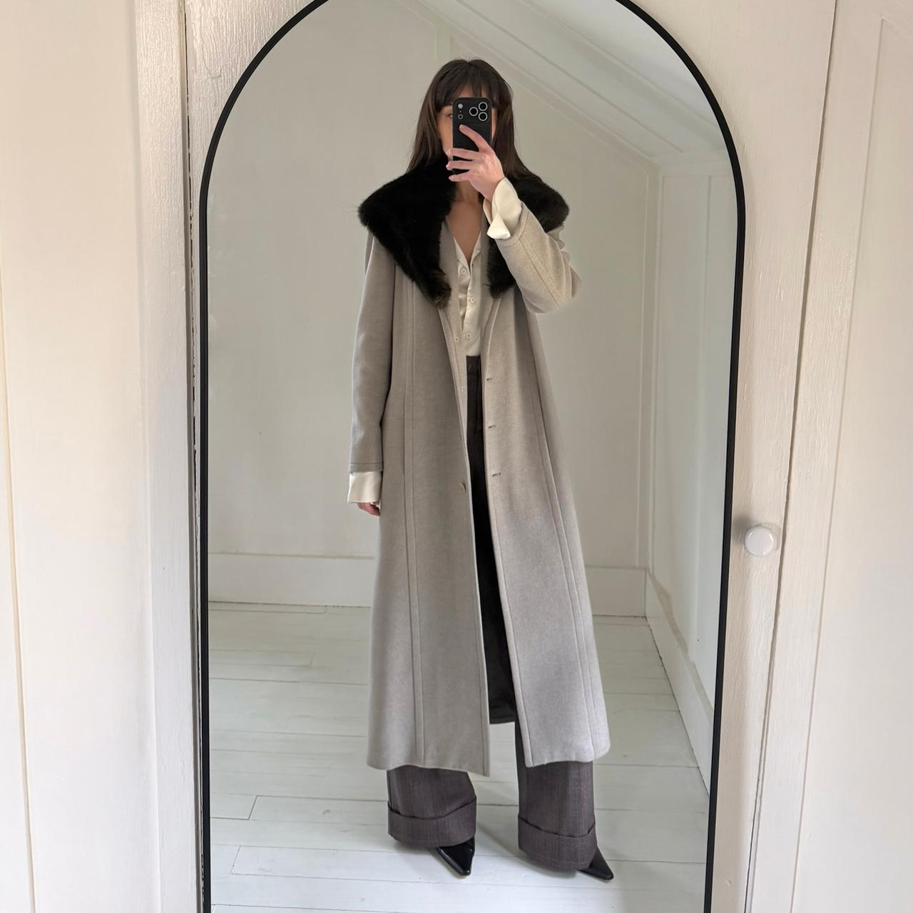 Worth Vintage 90s Wool Silk Faux Fur Collar Long Coat Size P