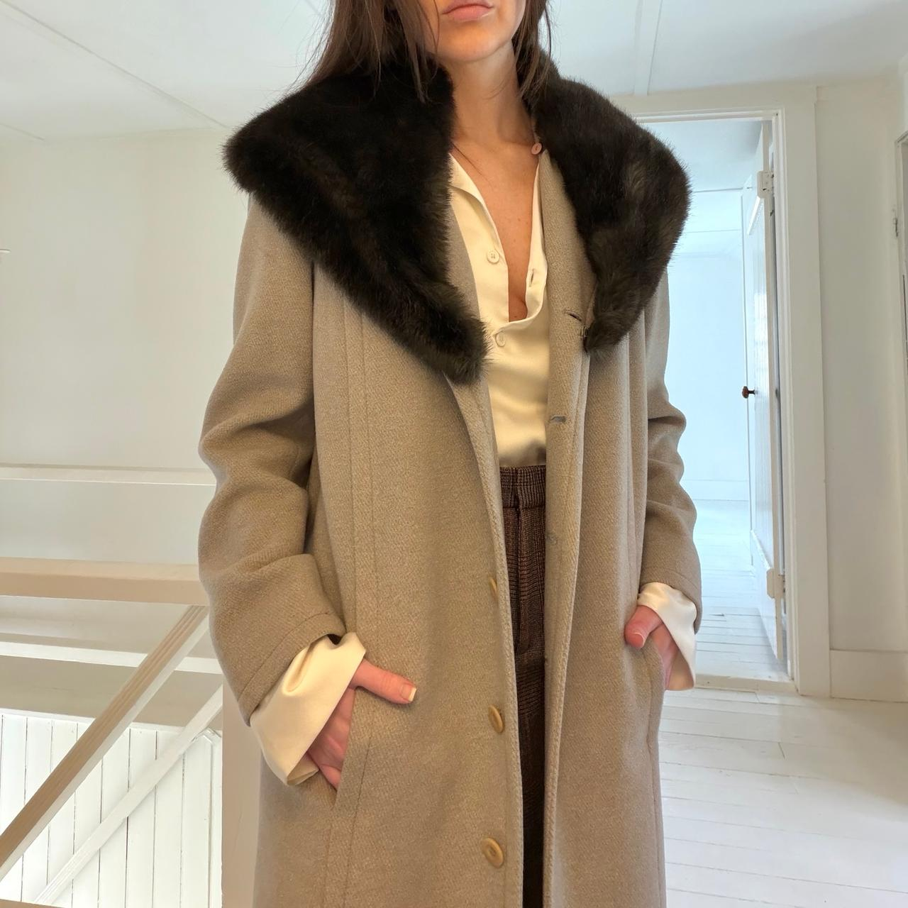 Worth Vintage 90s Wool Silk Faux Fur Collar Long Coat Size P