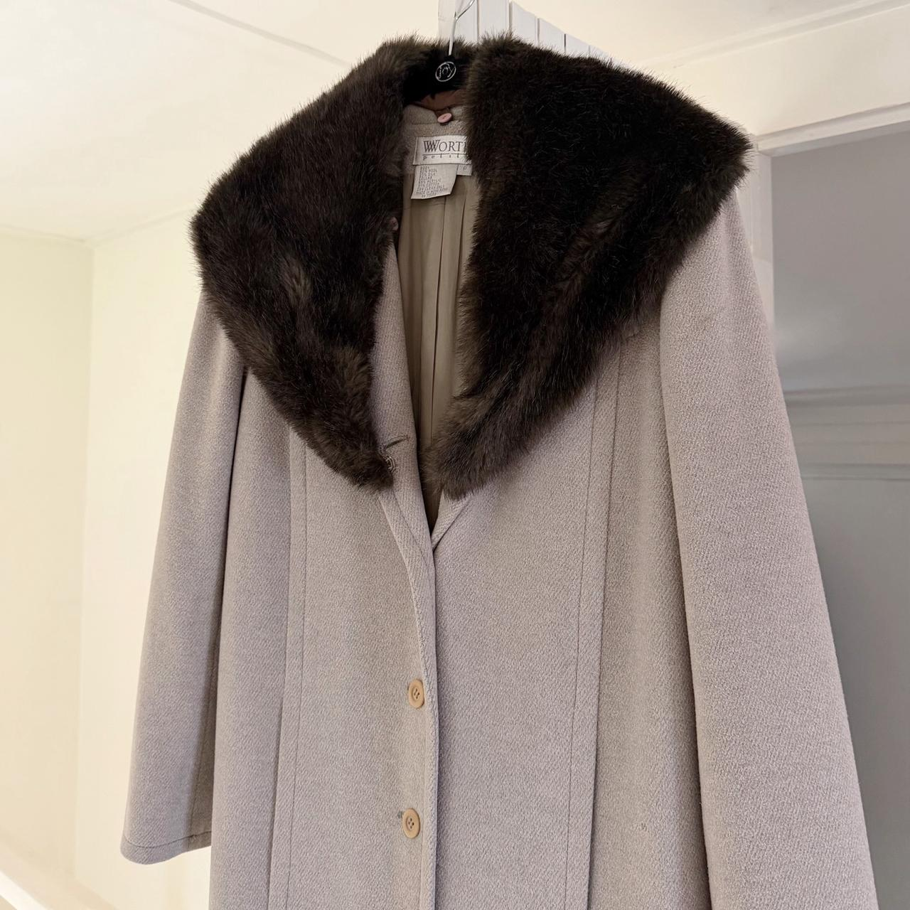 Worth Vintage 90s Wool Silk Faux Fur Collar Long Coat Size P