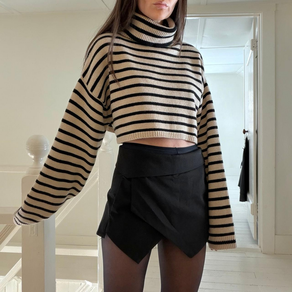 The Frankie Shop Athina Wool Cropped Turtleneck Sweater in Beige Stripe M/L