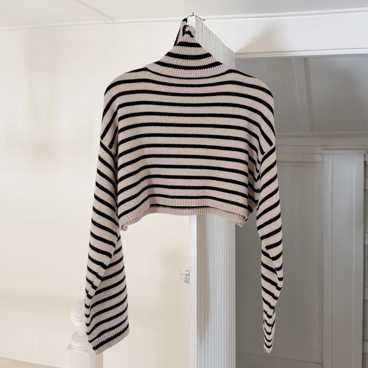 The Frankie Shop Athina Wool Cropped Turtleneck Sweater in Beige Stripe M/L