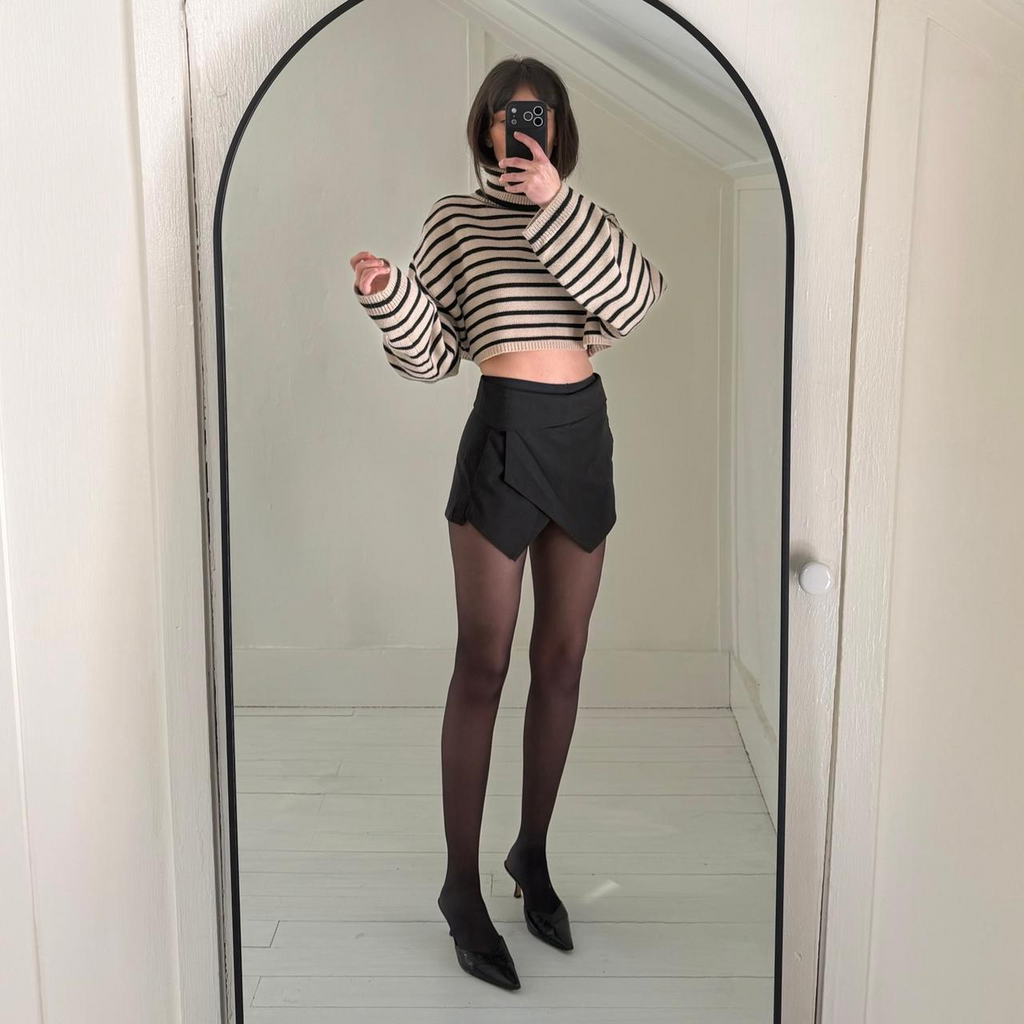 The Frankie Shop Athina Wool Cropped Turtleneck Sweater in Beige Stripe M/L